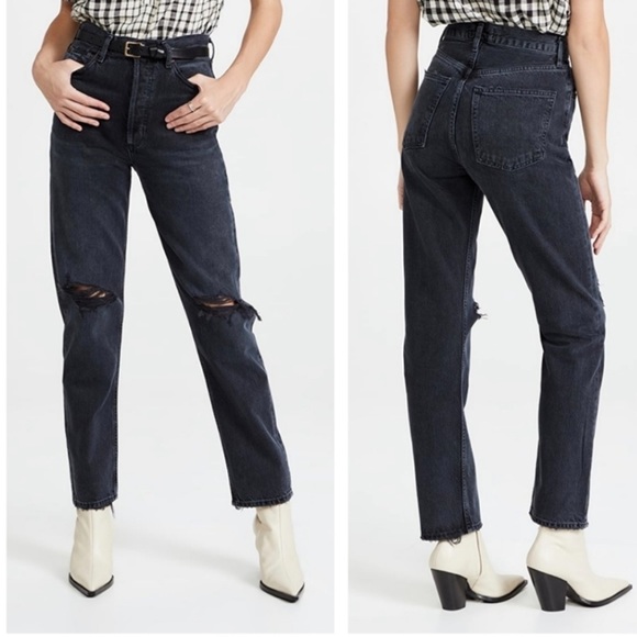 AGOLDE 90s Pinch Waist Jeans Howl Black Straight Leg Distressed Aritzia  25 - Picture 14 of 15